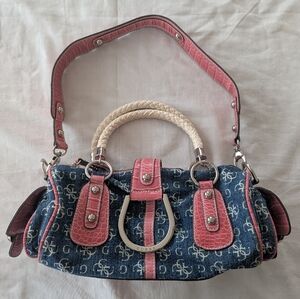 Guess Denim and Pink Logo Shoulder Bag